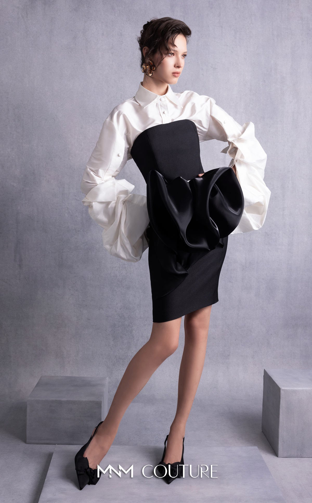 Collared Short Satin Cocktail Dress by MNM Couture GOS2526 in Black/White