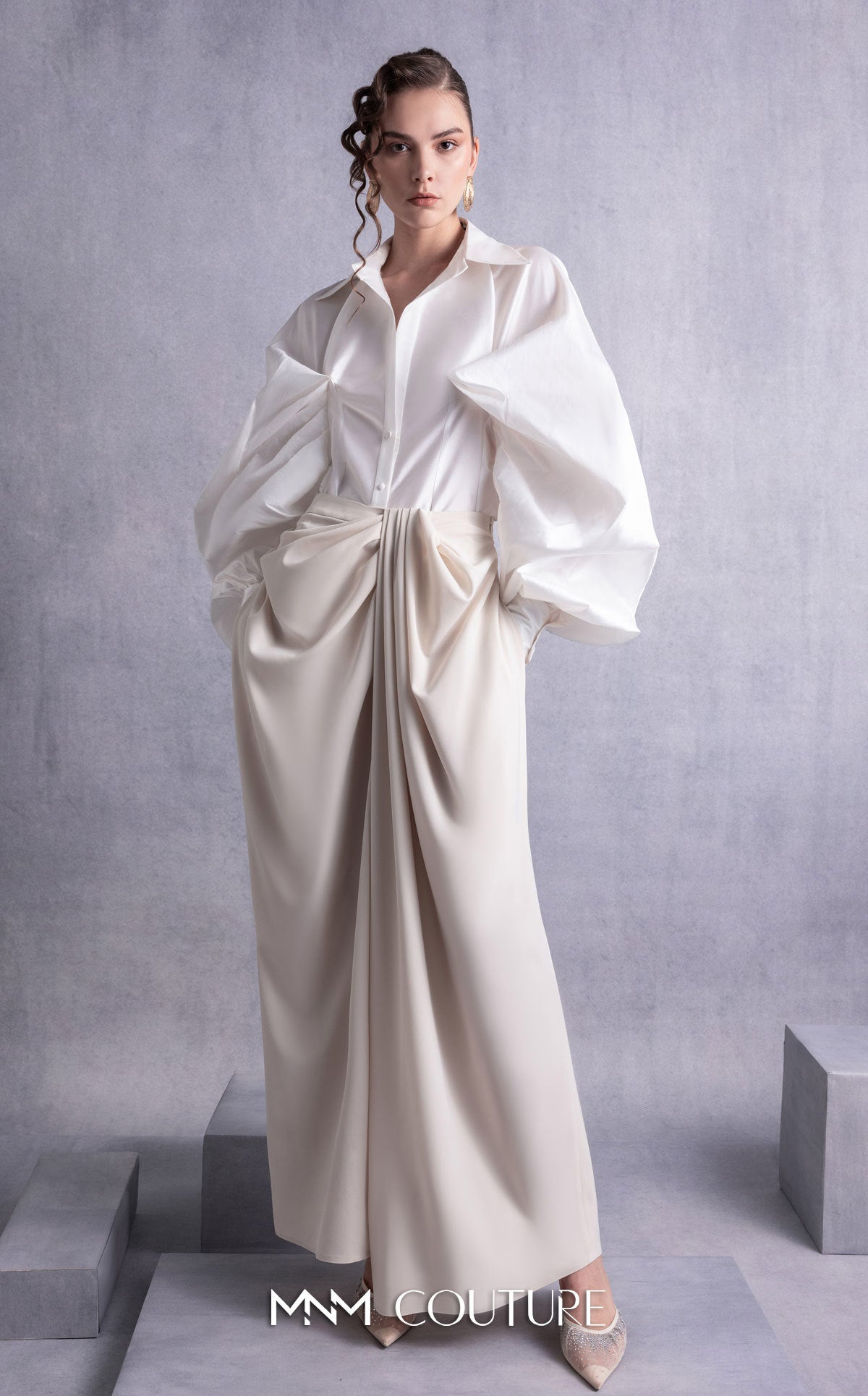 Collared Long Satin Pant Suit by MNM Couture GOS2529 in Off/White