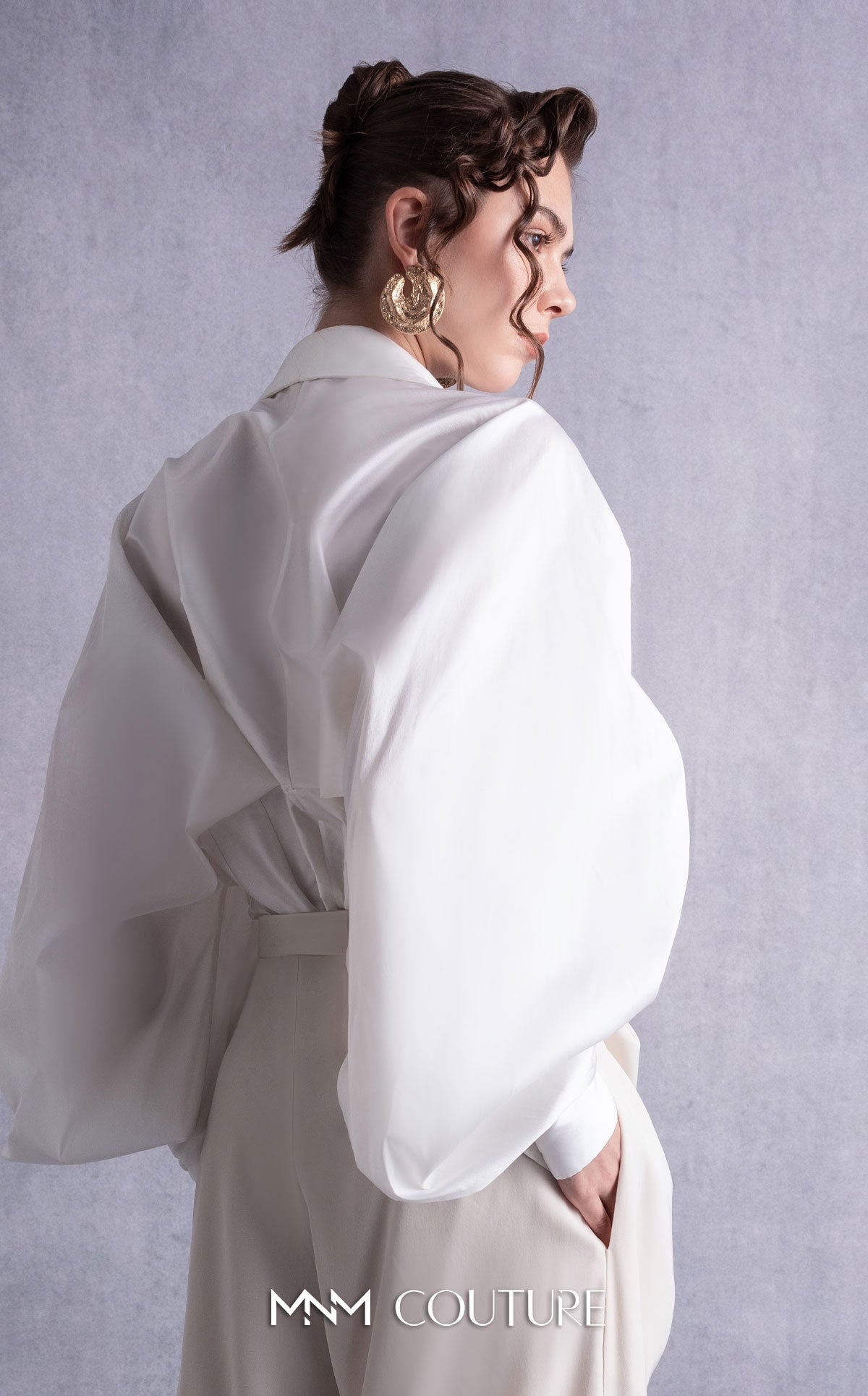 Collared Long Satin Pant Suit by MNM Couture GOS2529 in Off/White