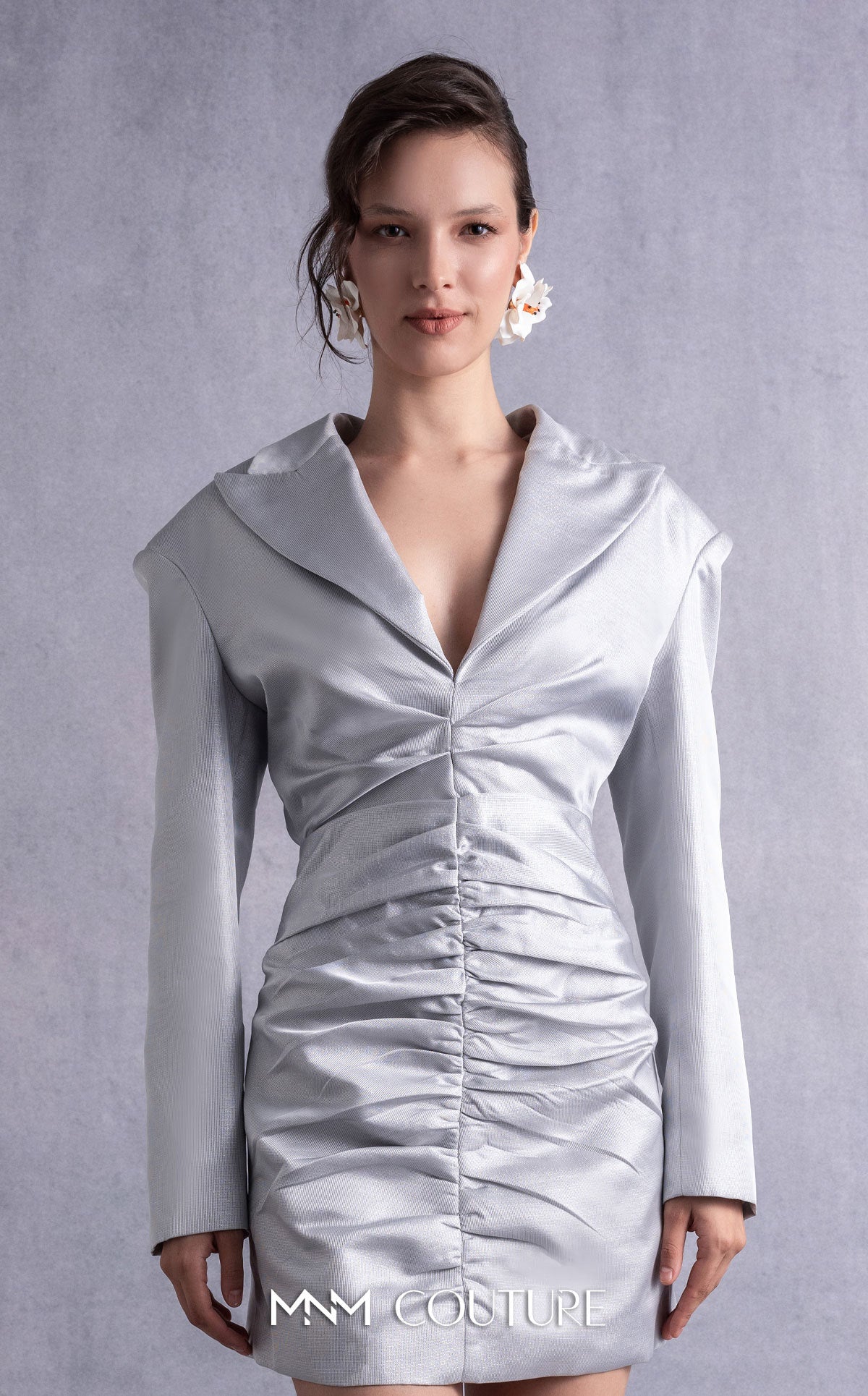Cocktail Dresses Long Sleeve Pleated Mini Cocktail Dress MNM Couture GOS2530 Silver