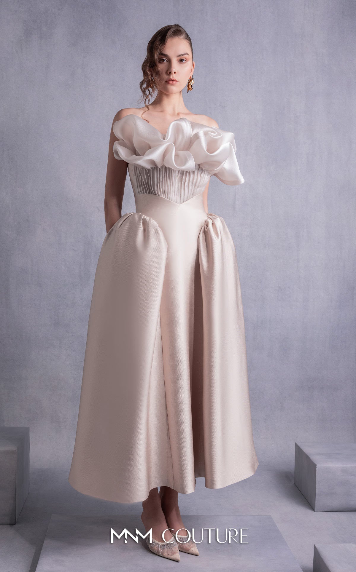 Cocktail Dresses Ruffle Tea Length Corset Pleated Cocktail Dress MNM Couture GOS2531 Gold