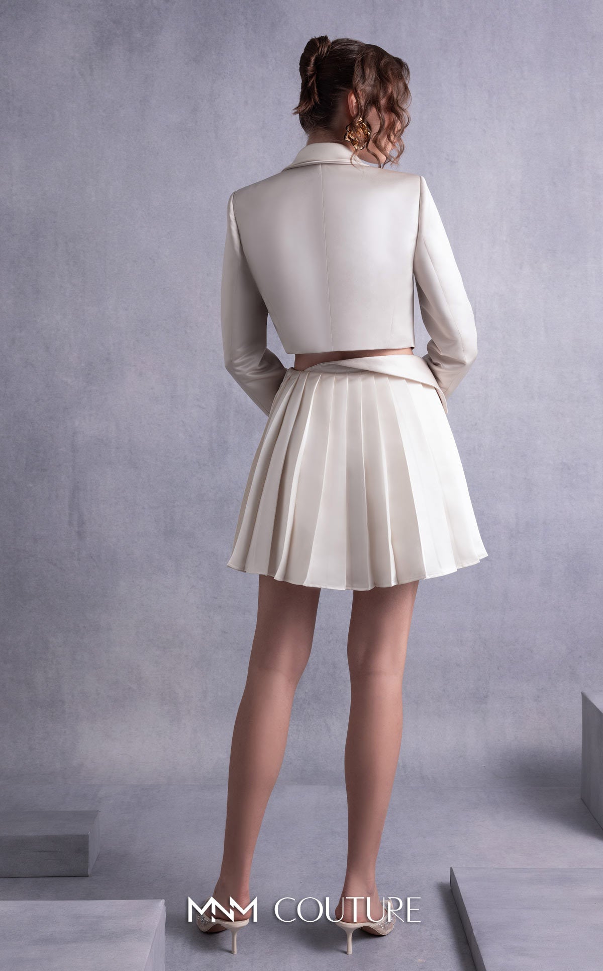 Notched Collar Short Crepe Cocktail Dress by MNM Couture GOS2539 in Nude