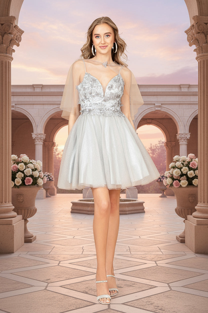 Cocktail Dresses 3D Flower Short Cape Dress Silver