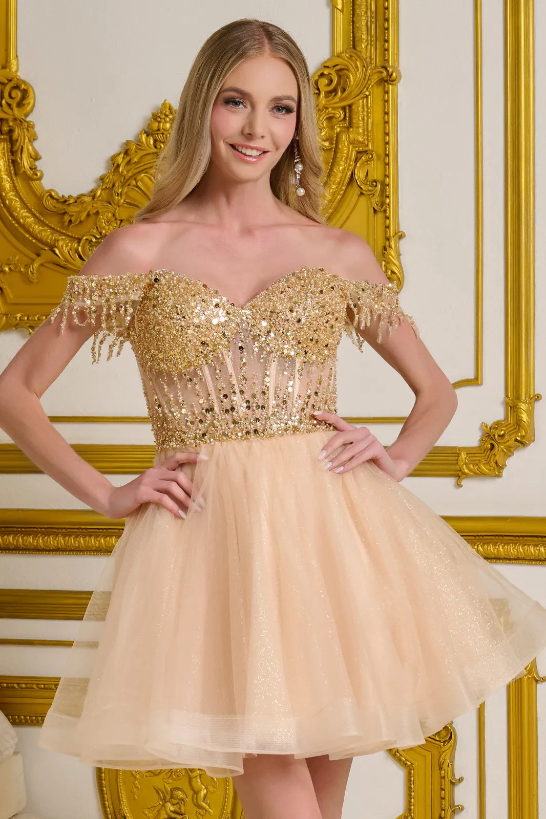 Cocktail Dresses Beaded Corset Short Homecoming Cocktail Dress - A Line - GLS GS3634 Champagne-Tulle-GS3634-Corset