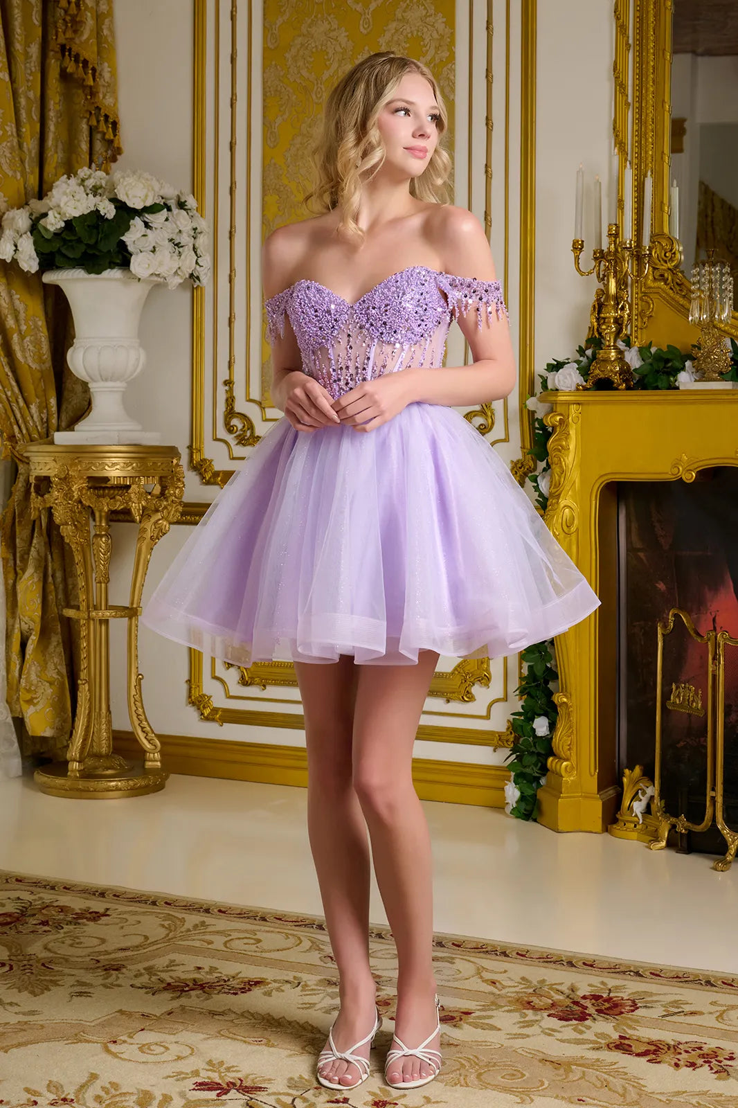 Cocktail Dresses Beaded Corset Short Homecoming Cocktail Dress - A Line - GLS GS3634 Lilac-Tulle-GS3634-Corset
