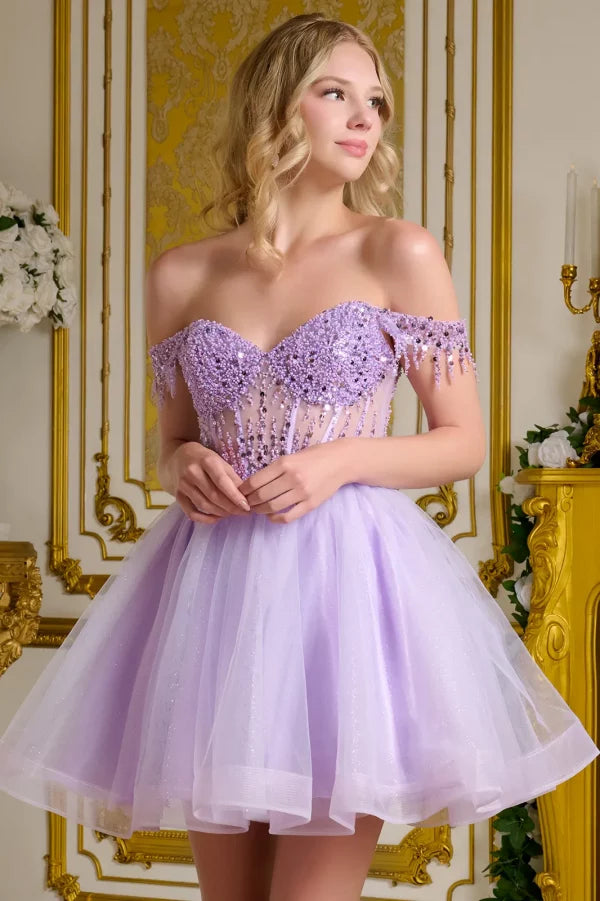 Short Homecoming A Line Glitter Sequin Prom Dress Lilac