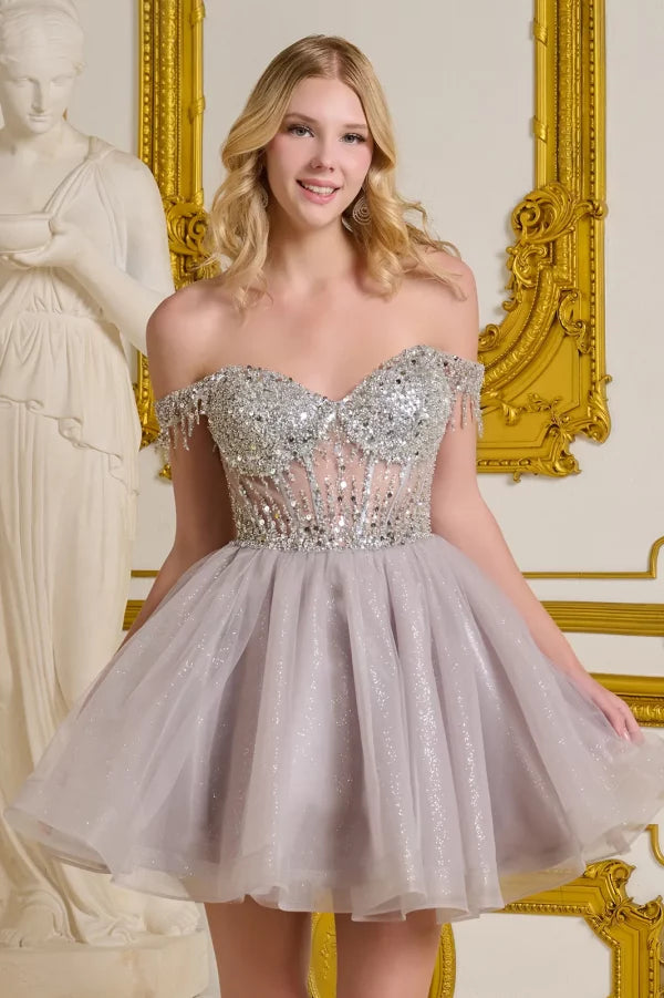 Short Homecoming A Line Glitter Sequin Prom Dress Silver