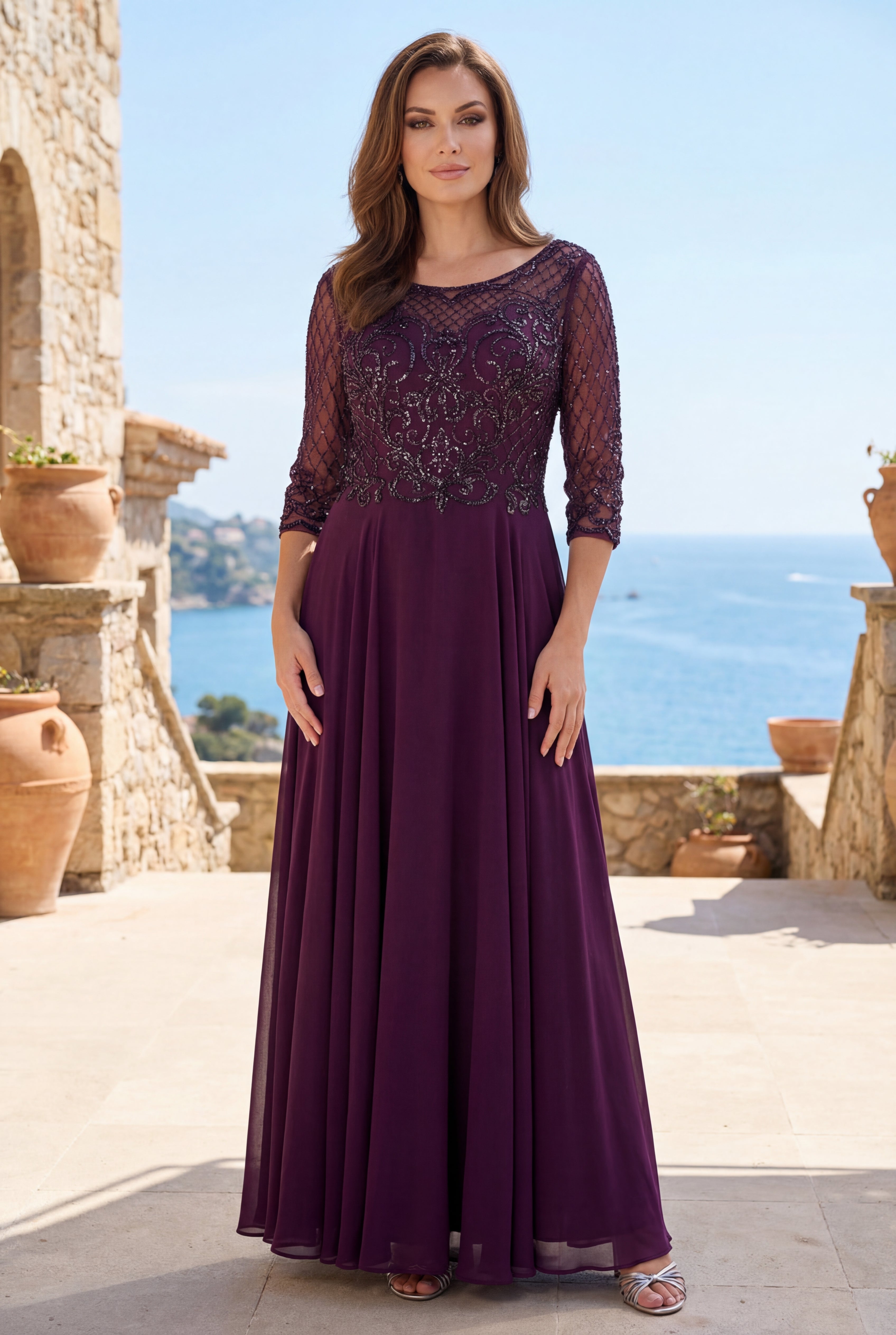 mother of the bride dresses in long island Hand Beaded Long Sleeve Mother of The Bride Dress By The Dress Outlet