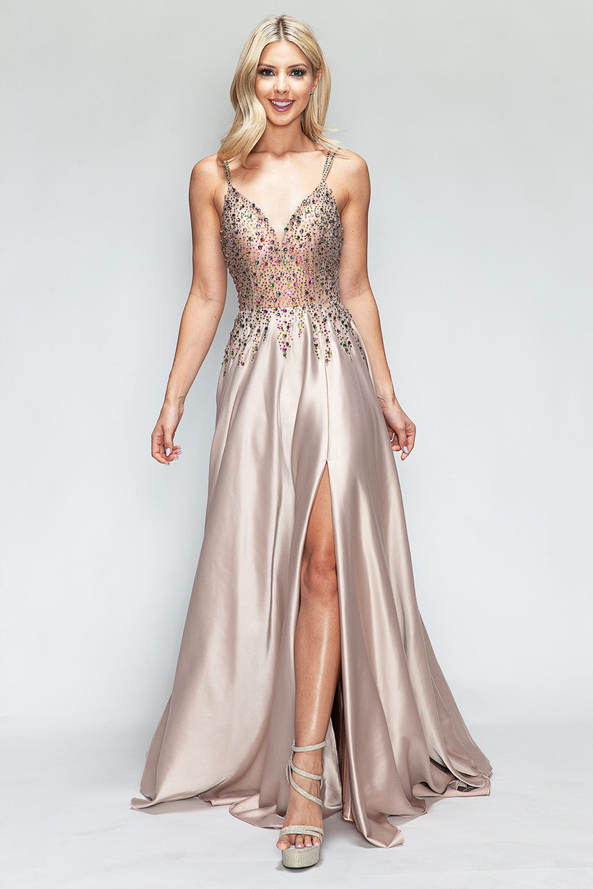 Prom Dresses Slit Prom Long Formal Dress Lenovia 8331 Gold-Satin-8331-Beaded