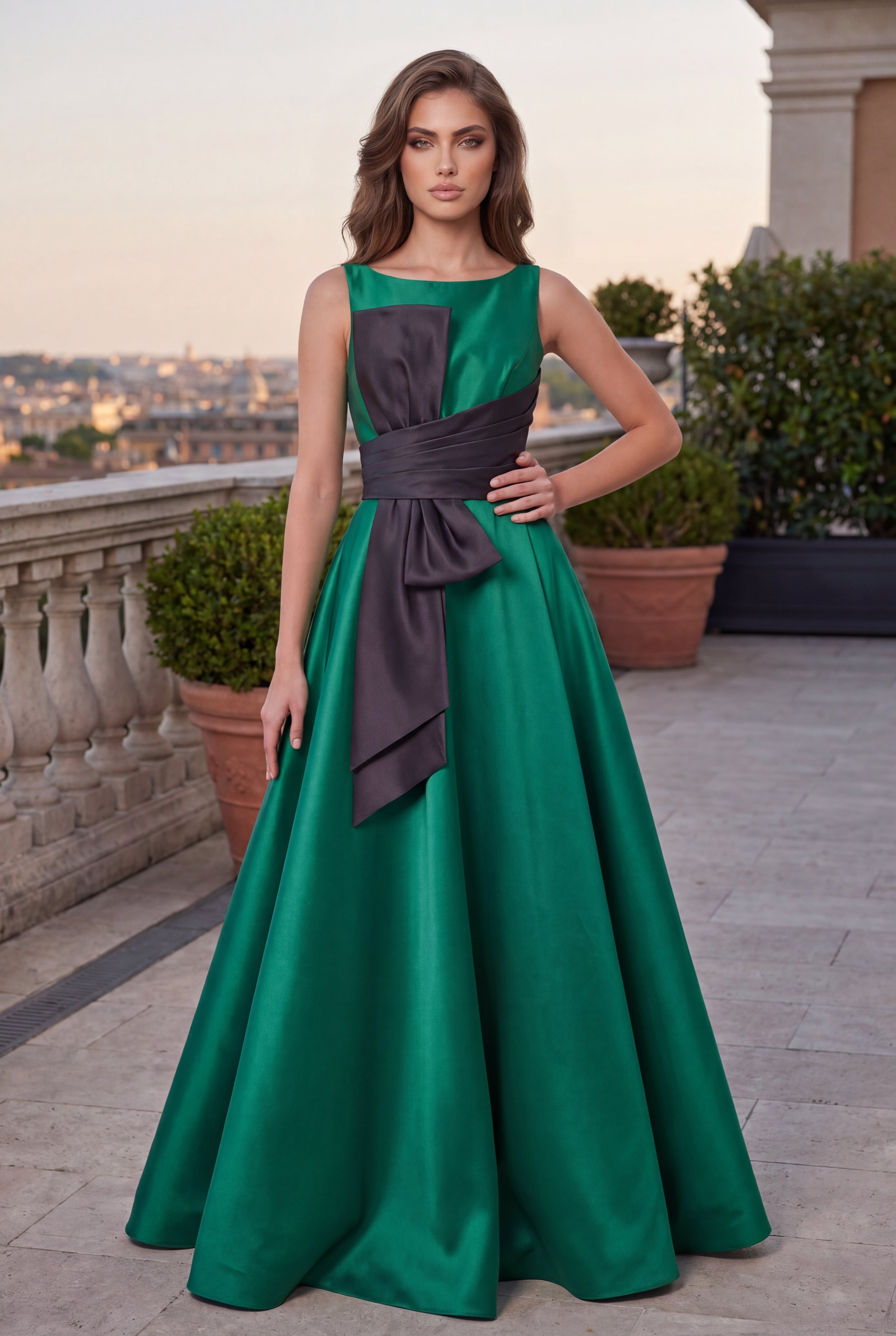 Sleeveless Eggplant Formal Ball Gown with Statement Bow
