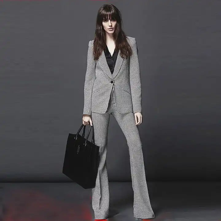 Women's Career Style Single Button Plaid Blazer Flare Pants Suit Sale
