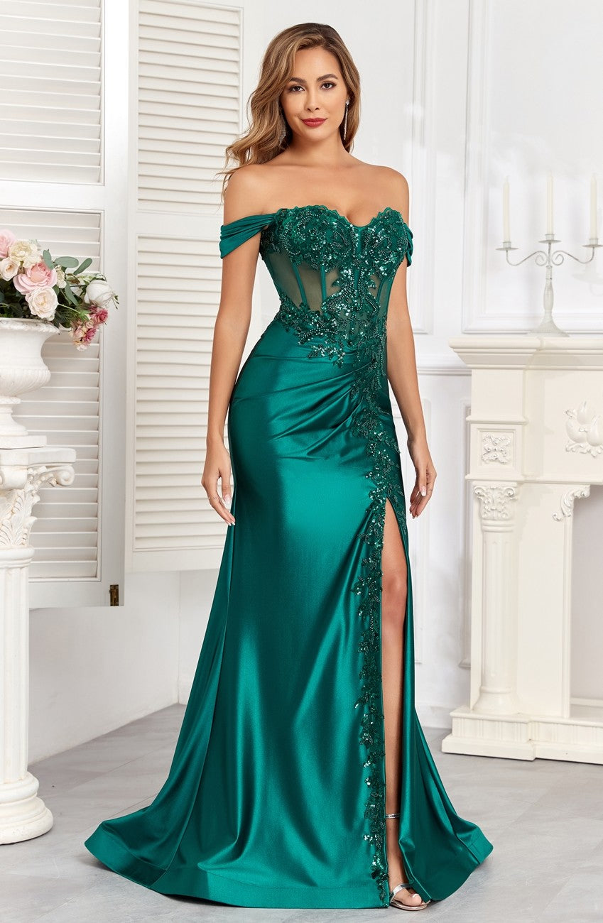 Prom Dresses Long Fitted Corset Formal Applique Prom Dress Emerald
