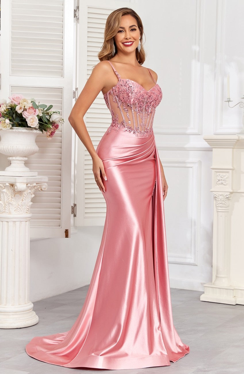 Prom Dresses Pleated Long Formal Applique Corset Prom Dress Dusty Rose