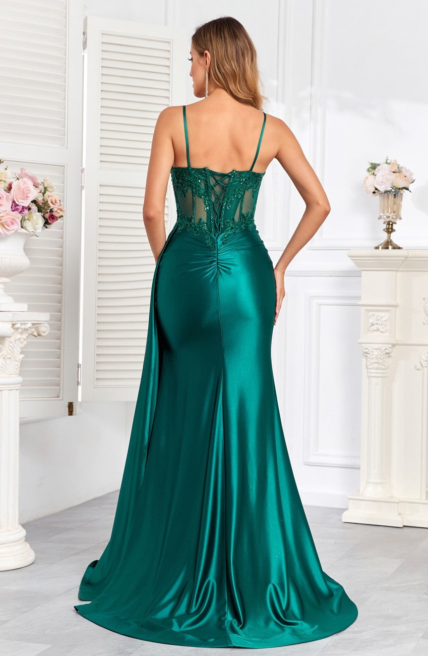 Prom Dresses Pleated Long Formal Applique Corset Prom Dress Emerald