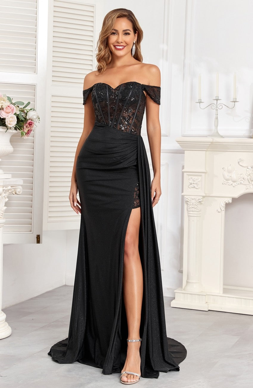 Prom Dresses Glitter Long Corset Fitted Formal Prom Dress Black