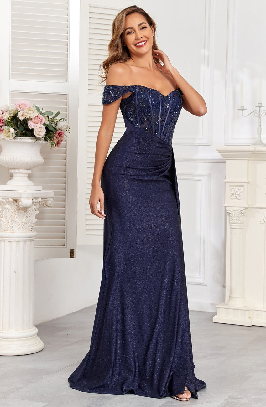 High Couture HC1005 Glitter Long Corset Fitted Prom Dress