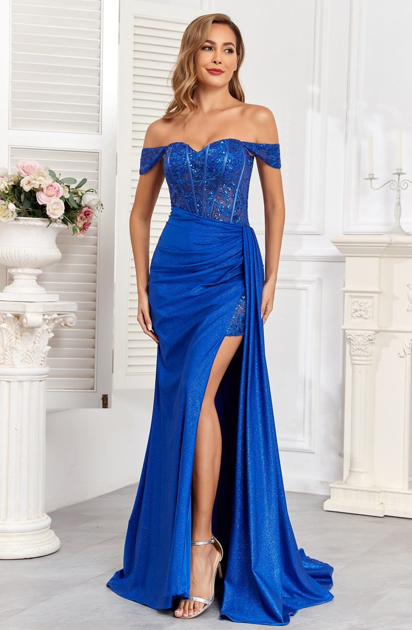 Prom Dresses Glitter Long Corset Fitted Formal Prom Dress Royal