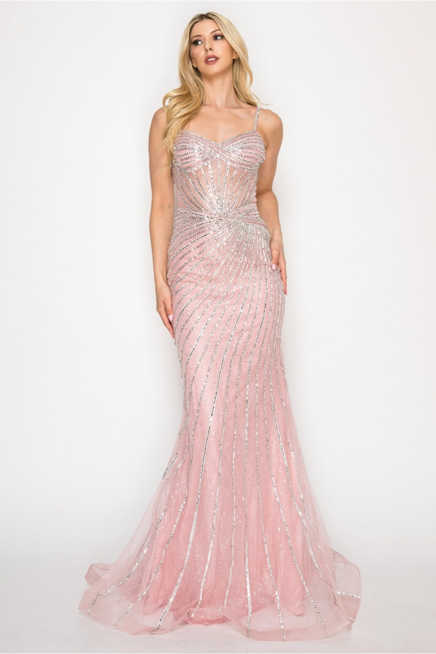 Prom Dresses Fitted Long Formal Beaded Corset Prom Gown Mauve