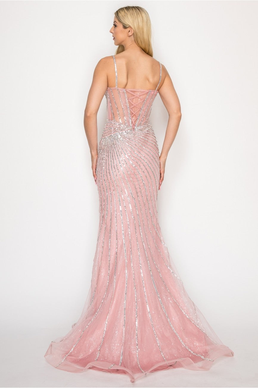 Prom Dresses Fitted Long Formal Beaded Corset Prom Gown Mauve