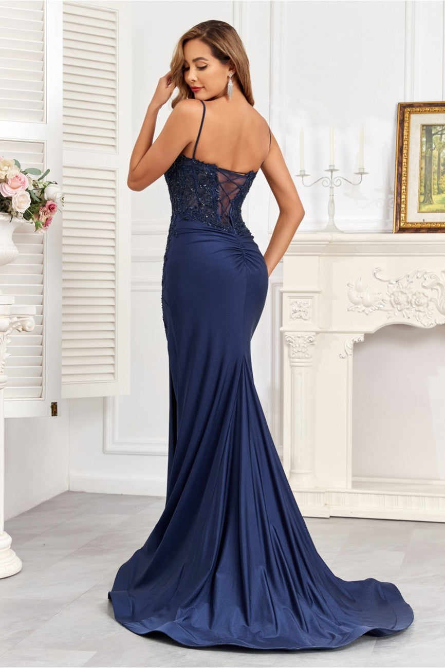 Prom Dresses Fitted Prom Long Formal Beaded Evening Gown Navy