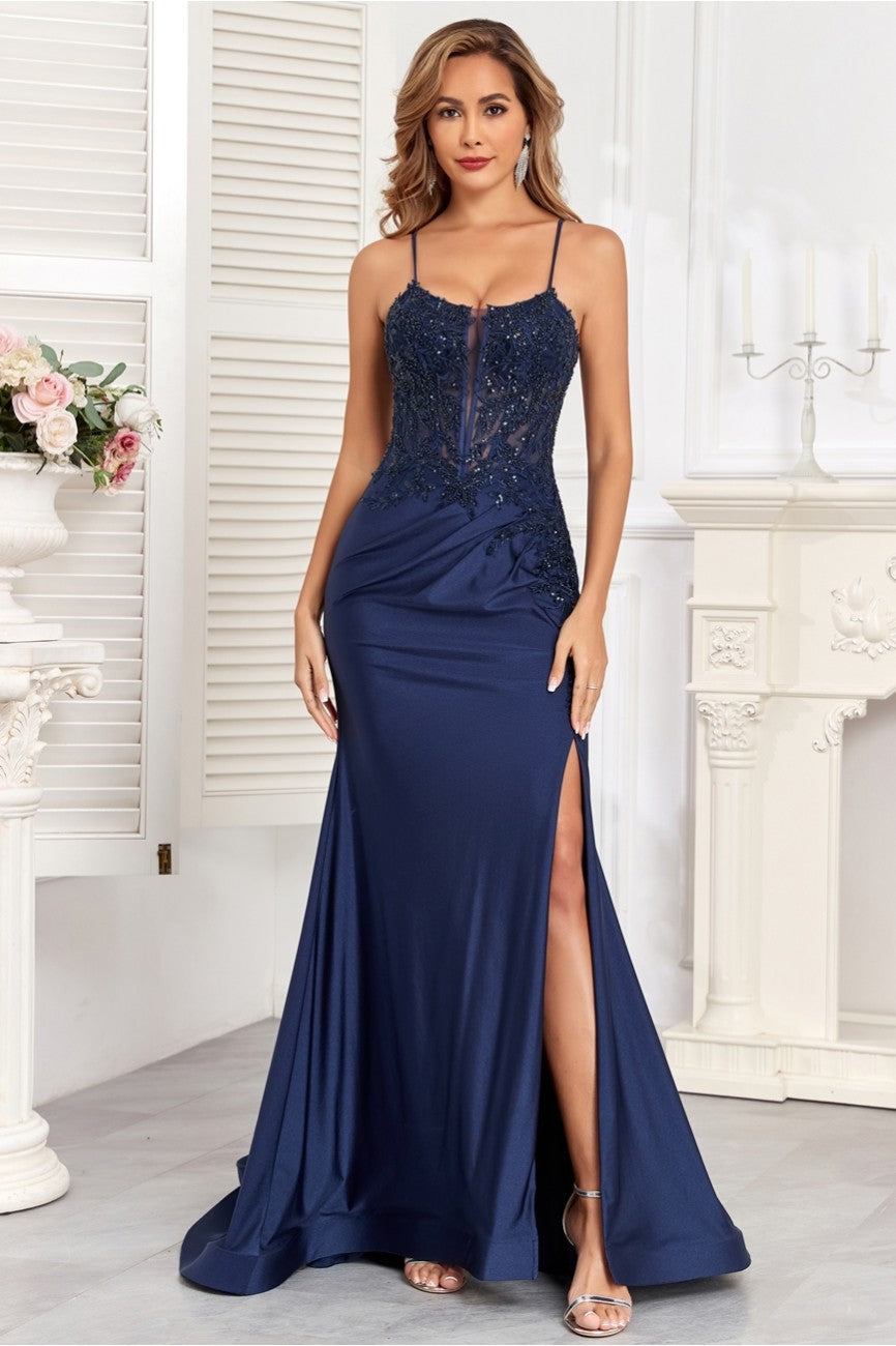 Prom Dresses Fitted Prom Long Formal Beaded Evening Gown Navy