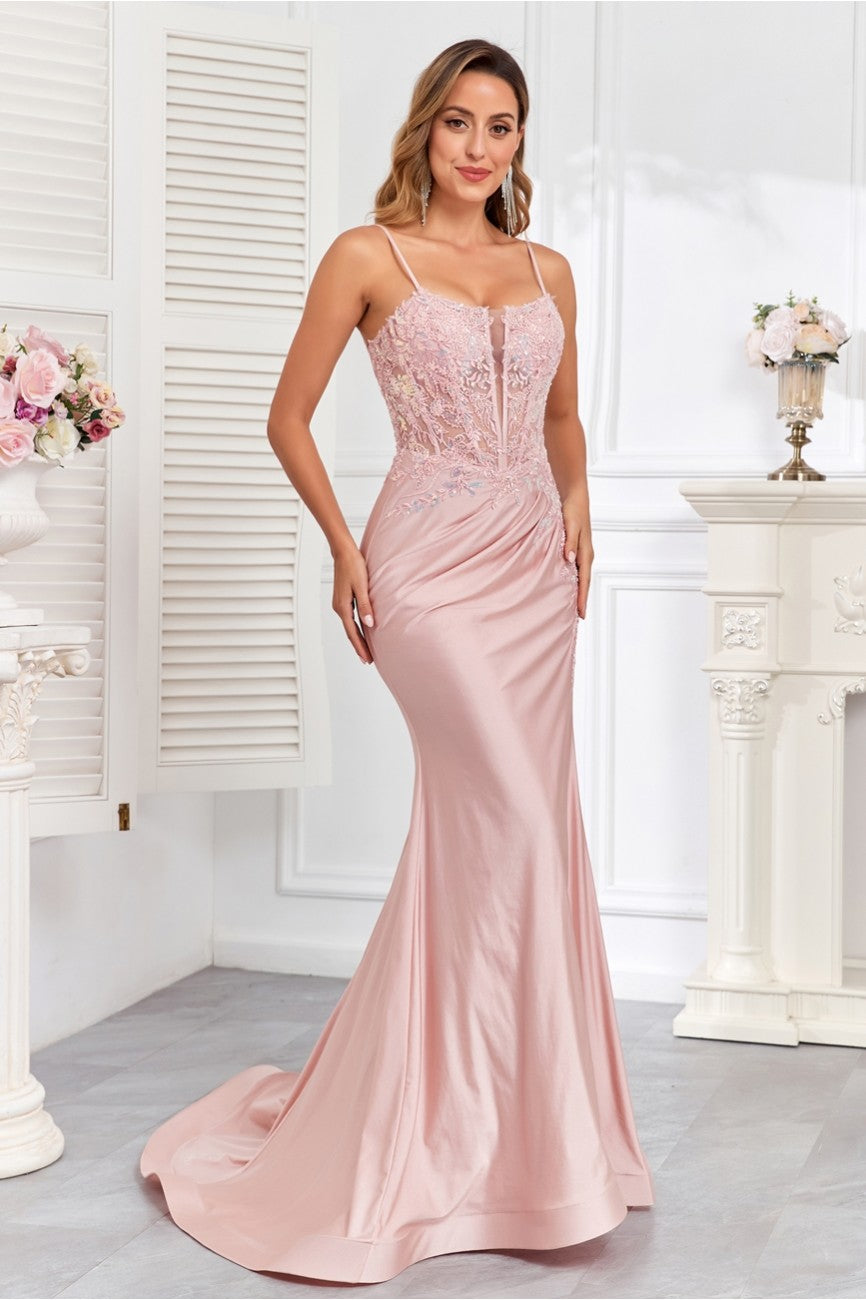 Prom Dresses Fitted Prom Long Formal Beaded Evening Gown Rose
