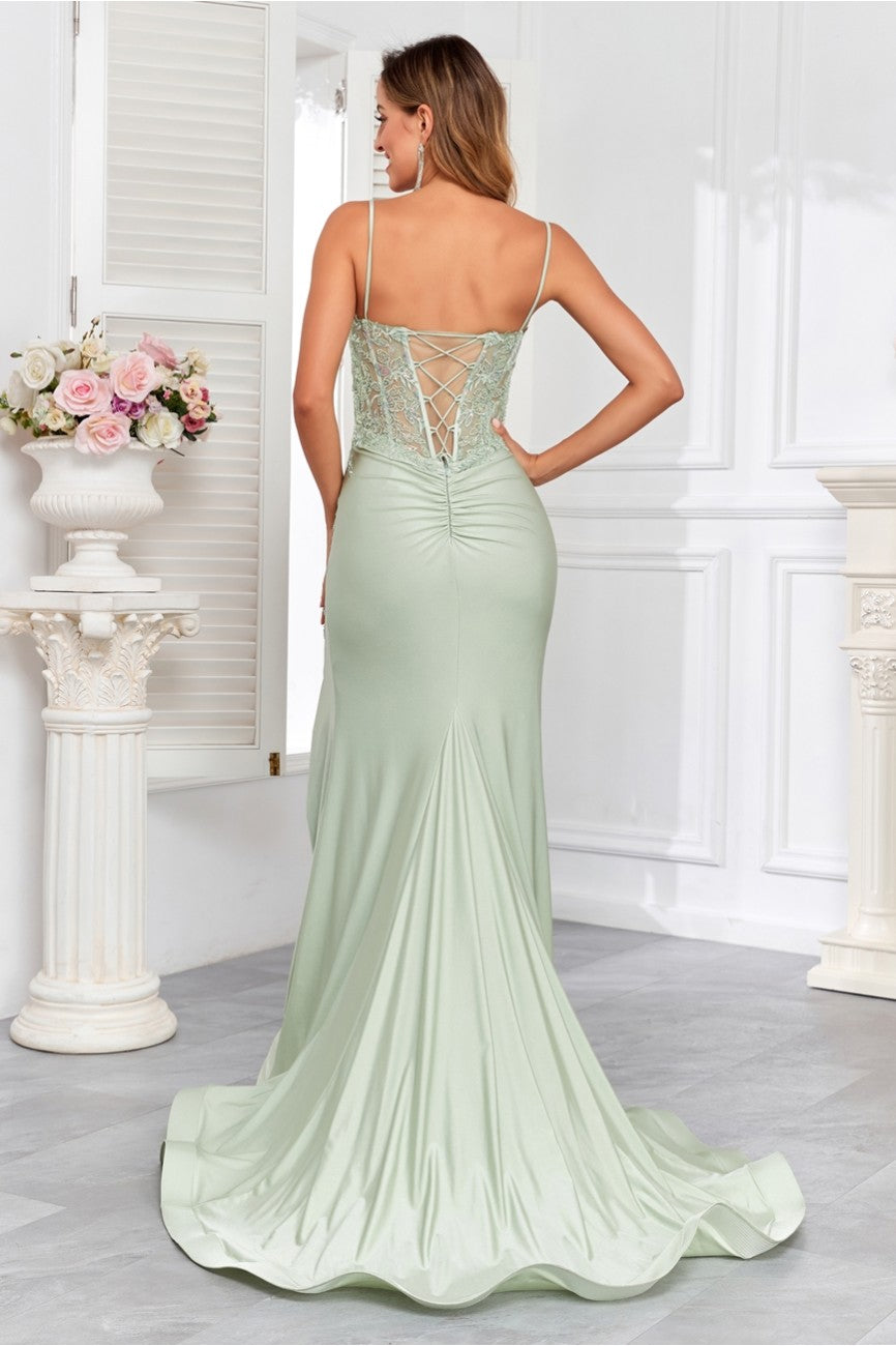 Prom Dresses Fitted Prom Long Formal Beaded Evening Gown Sage