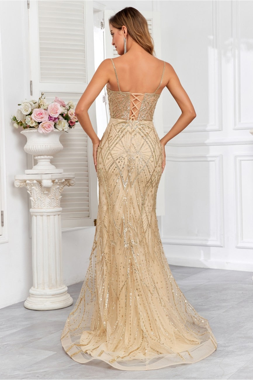 Prom Dresses Long Formal Glitter Print Corset Prom Dress Gold