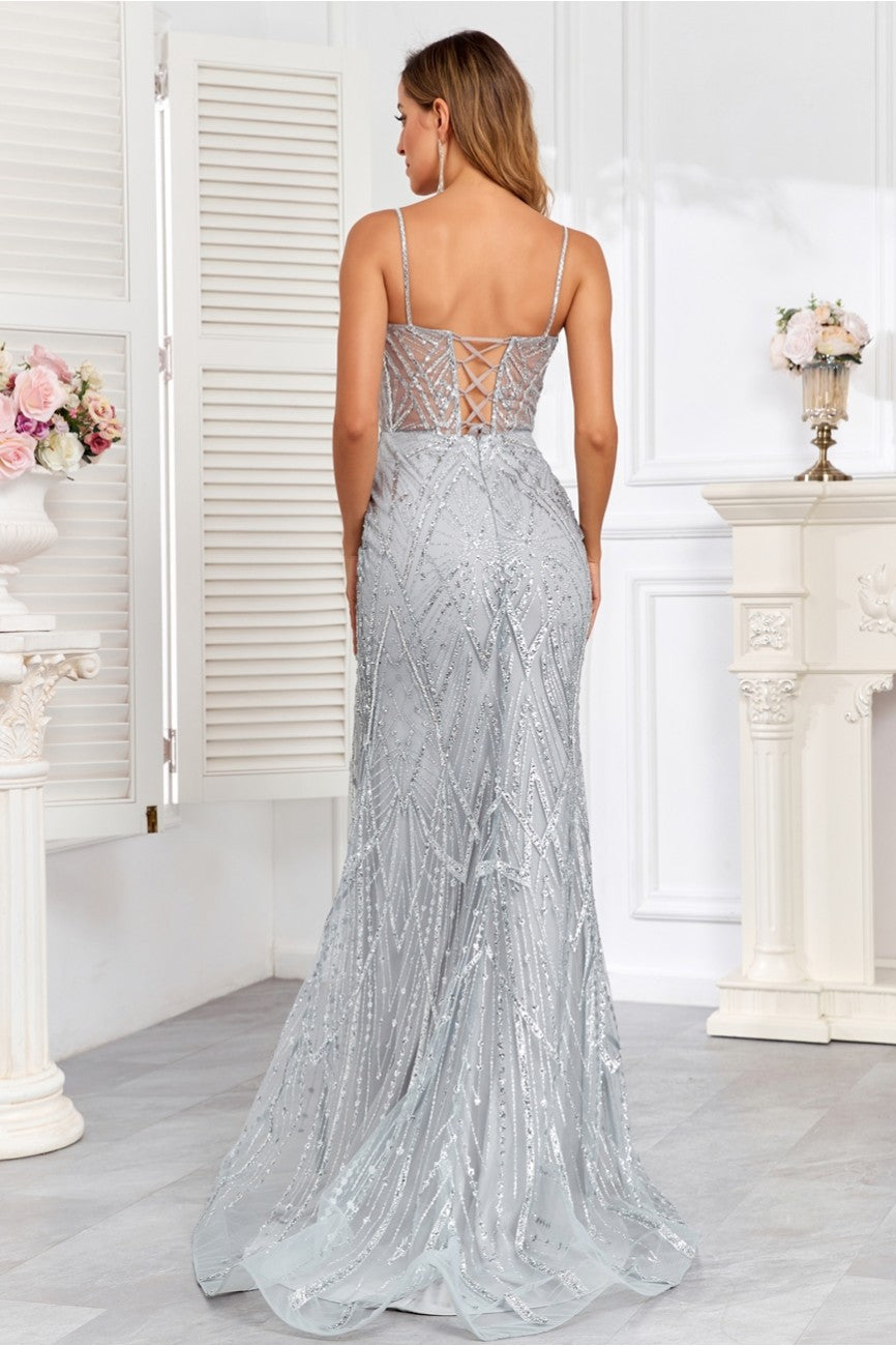 Prom Dresses Long Formal Glitter Print Corset Prom Dress Silver