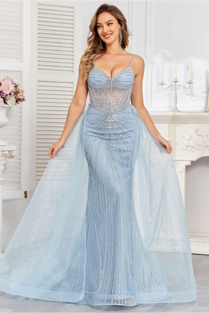 High Couture HC1009 Prom Fitted Long Formal Beaded Overskirt Evening Gown Lavender / 14