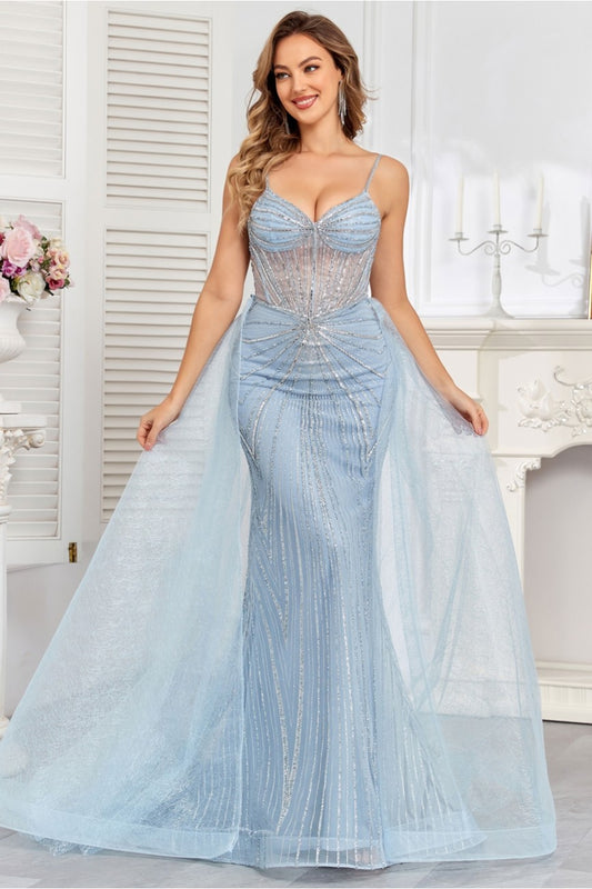 Prom Dresses Prom Fitted Long Formal Beaded Overskirt Evening Gown Baby Blue