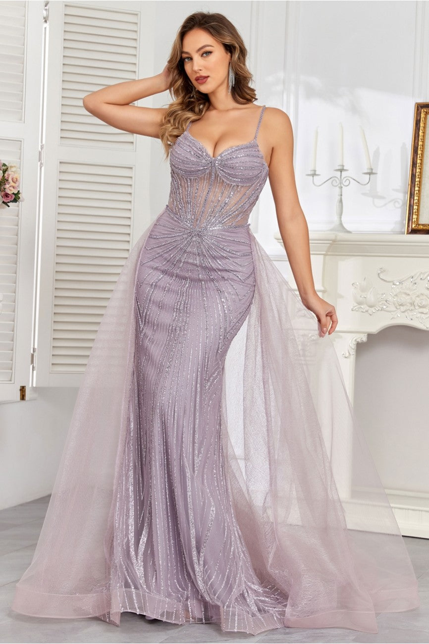 Prom Dresses Prom Fitted Long Formal Beaded Overskirt Evening Gown Lavender
