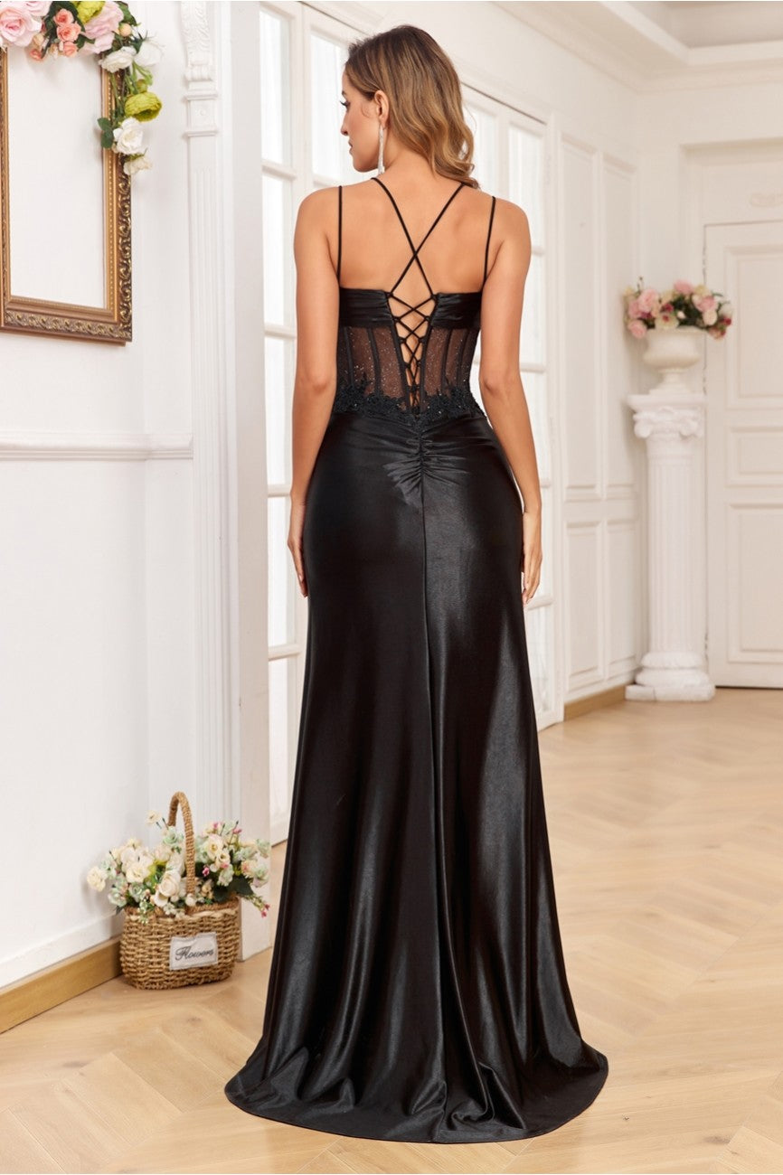 Prom Dresses Long Pleated Formal Lace Applique Prom DressBlack