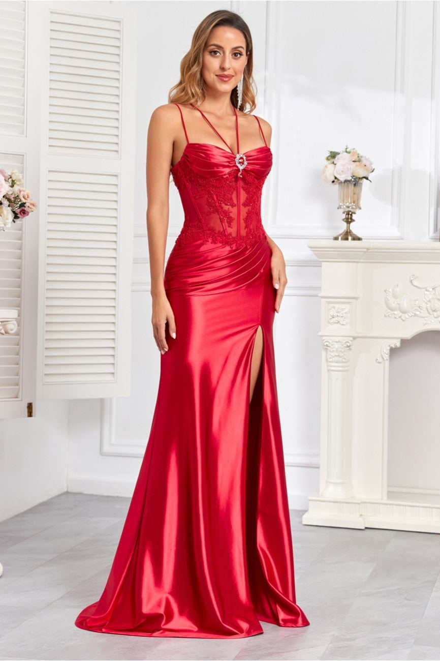 Prom Dresses Long Pleated Formal Lace Applique Prom DressRed