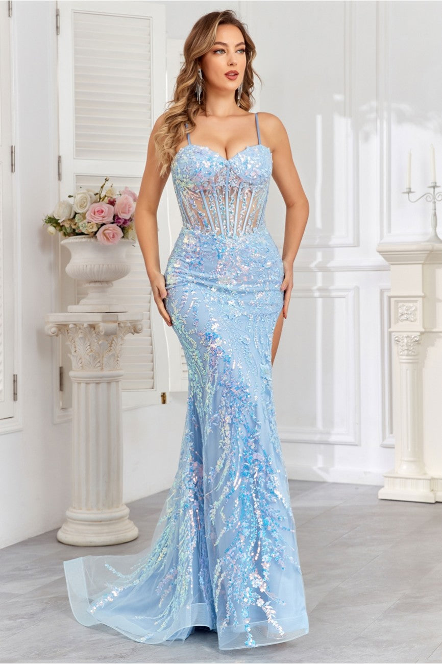 Prom Dresses Fitted Long Formal Sequin Prom Dress Baby Blue