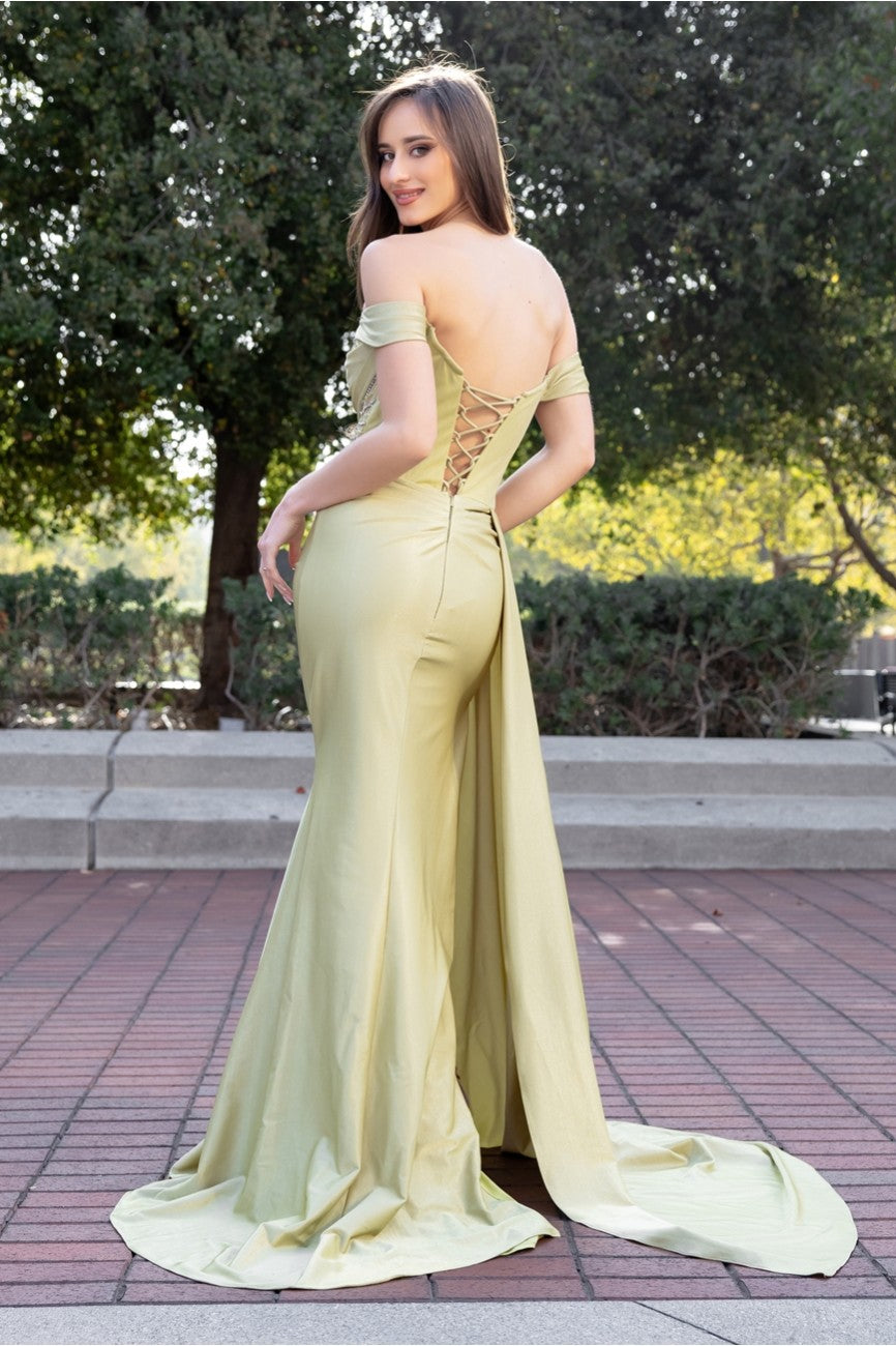 Prom Dresses Pleated Long Formal Slit Beaded Prom Evening Gown Sage