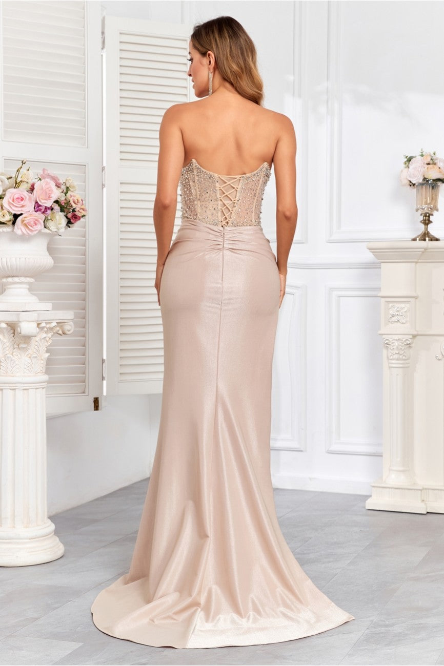 Prom Dresses Beaded Corset Long Formal Fitted Prom Dress Champagne