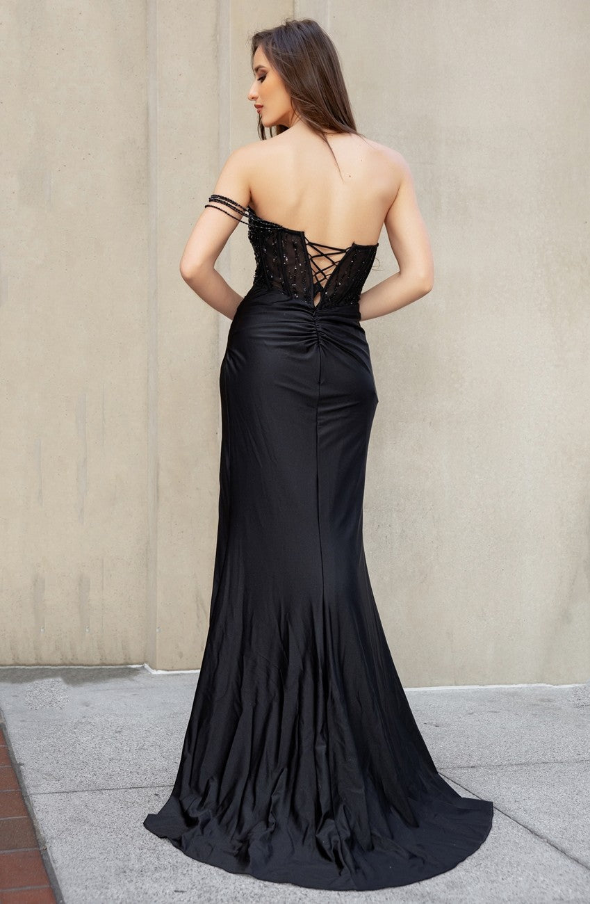 Prom Dresses Beaded Long Formal Fitted Slit Evening Prom Dress Black