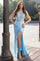 Prom Dresses Beaded Long Formal Fitted Slit Evening Prom Dress Blue