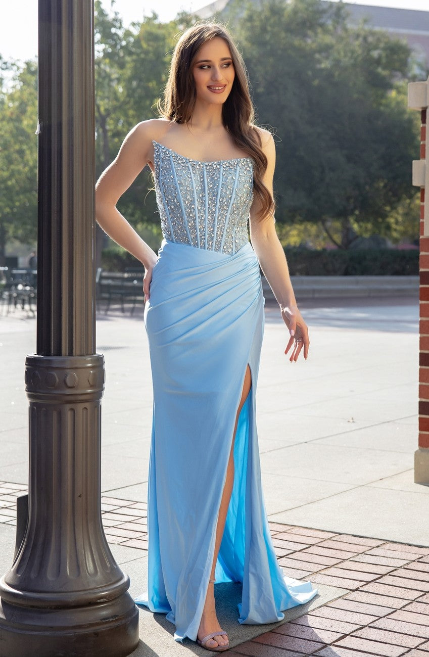 Prom Dresses Beaded Long Formal Fitted Slit Evening Prom Dress Blue