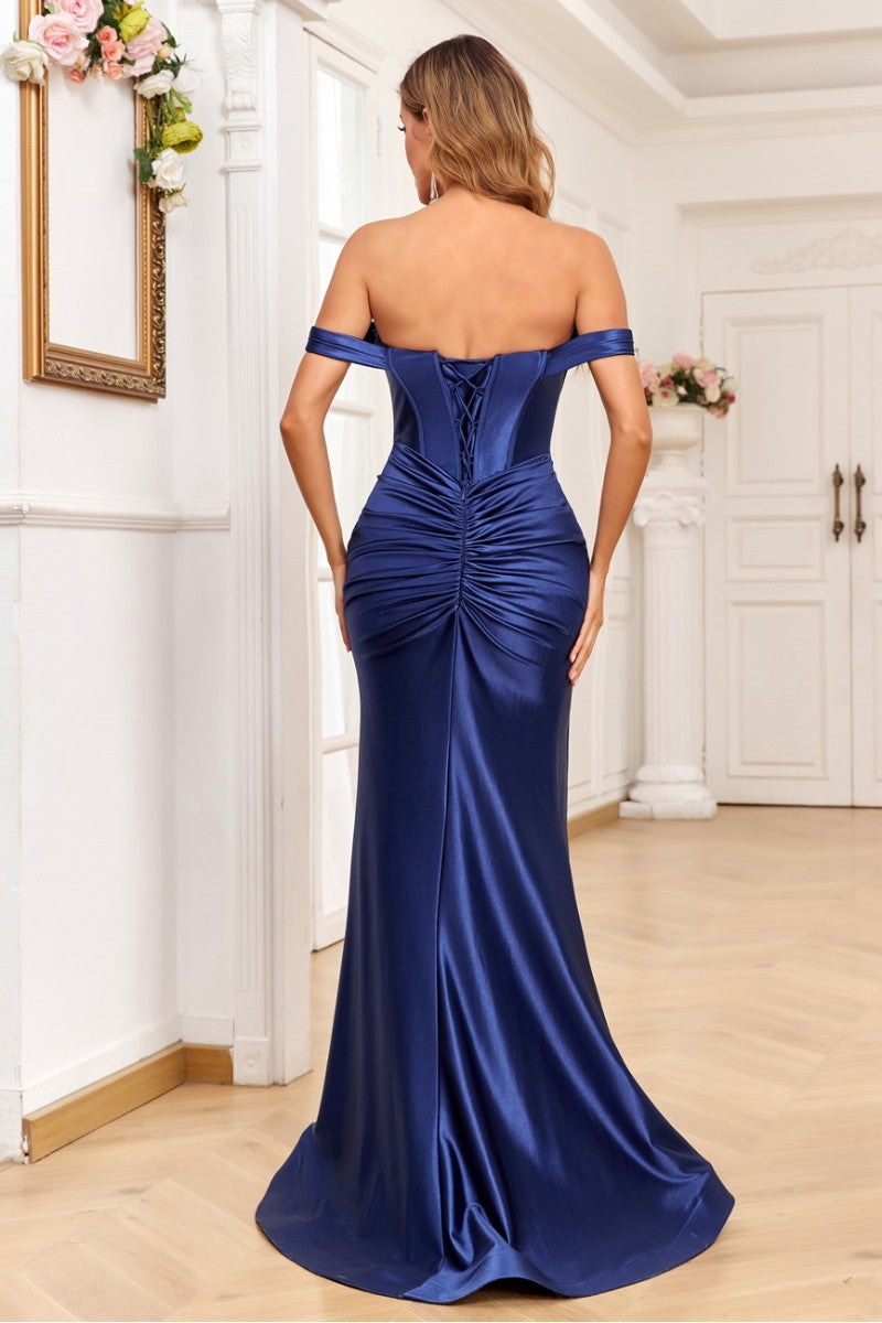 Prom Dresses Fitted Formal Long Pleated Prom Dress Navy