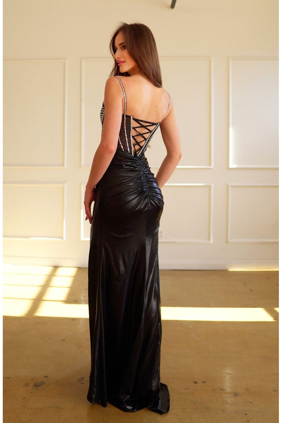 Prom Dresses Beaded Slit Prom Long Formal Metallic Dress Black