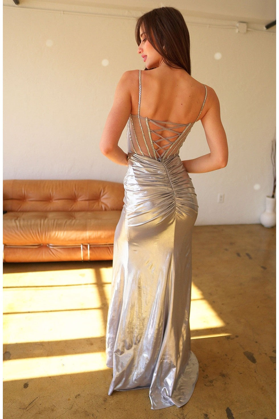 Prom Dresses Beaded Slit Prom Long Formal Metallic Dress Silver