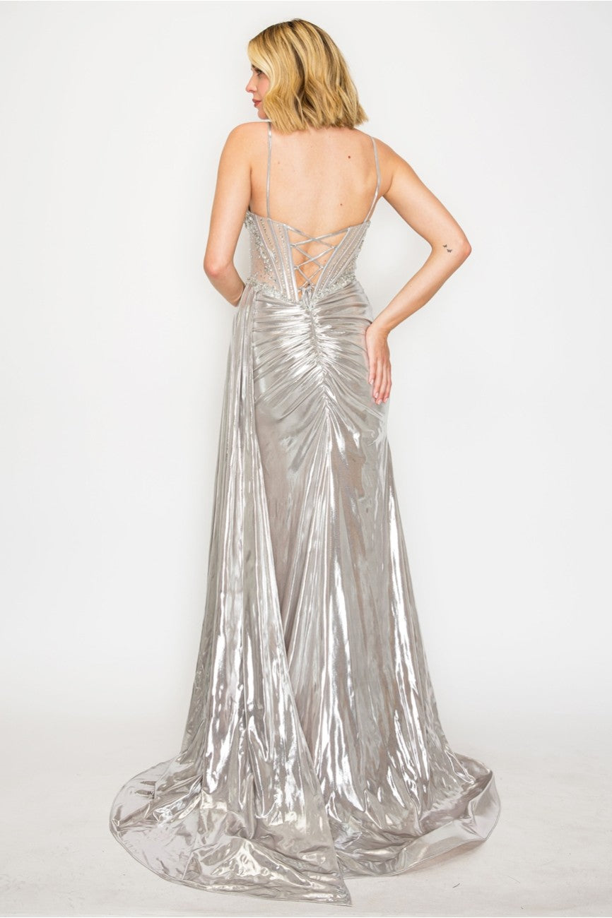 Prom Dresses Long Formal Beaded Metallic Prom Dress Silver