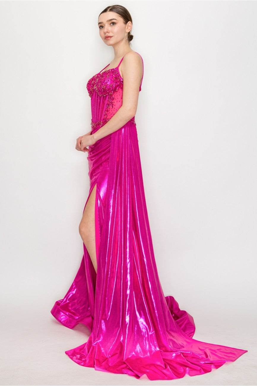 Prom Dresses Long Formal Beaded Metallic Prom Dress Hot Pink