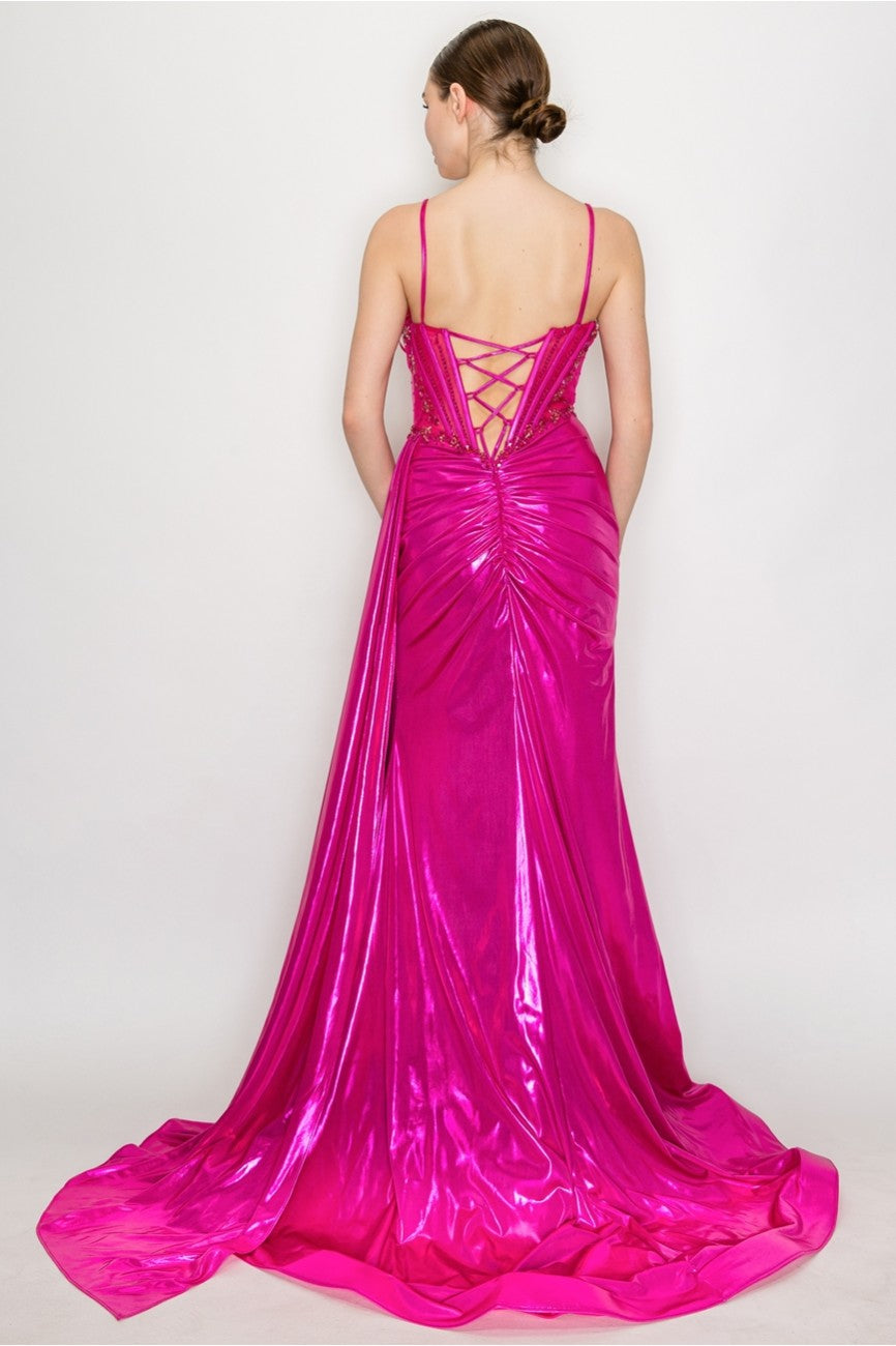 Prom Dresses Long Formal Beaded Metallic Prom Dress Hot Pink