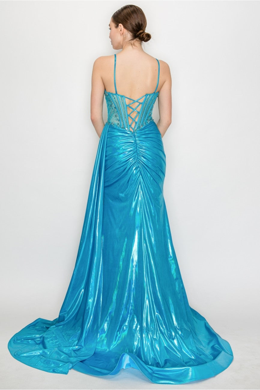 Prom Dresses Long Formal Beaded Metallic Prom Dress Turquoise