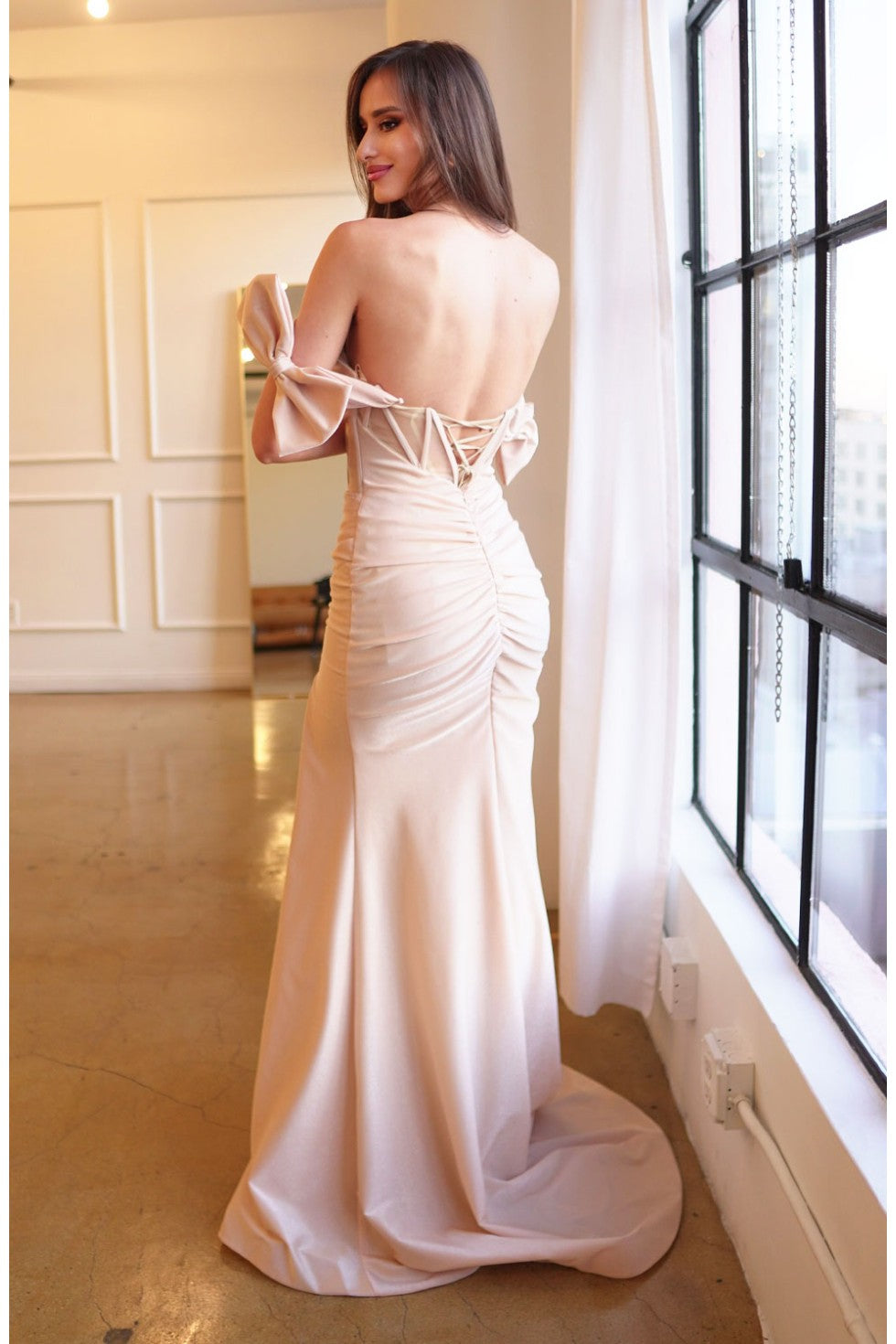 Prom Dresses Fitted Formal Long Slit Prom Dress Champagne