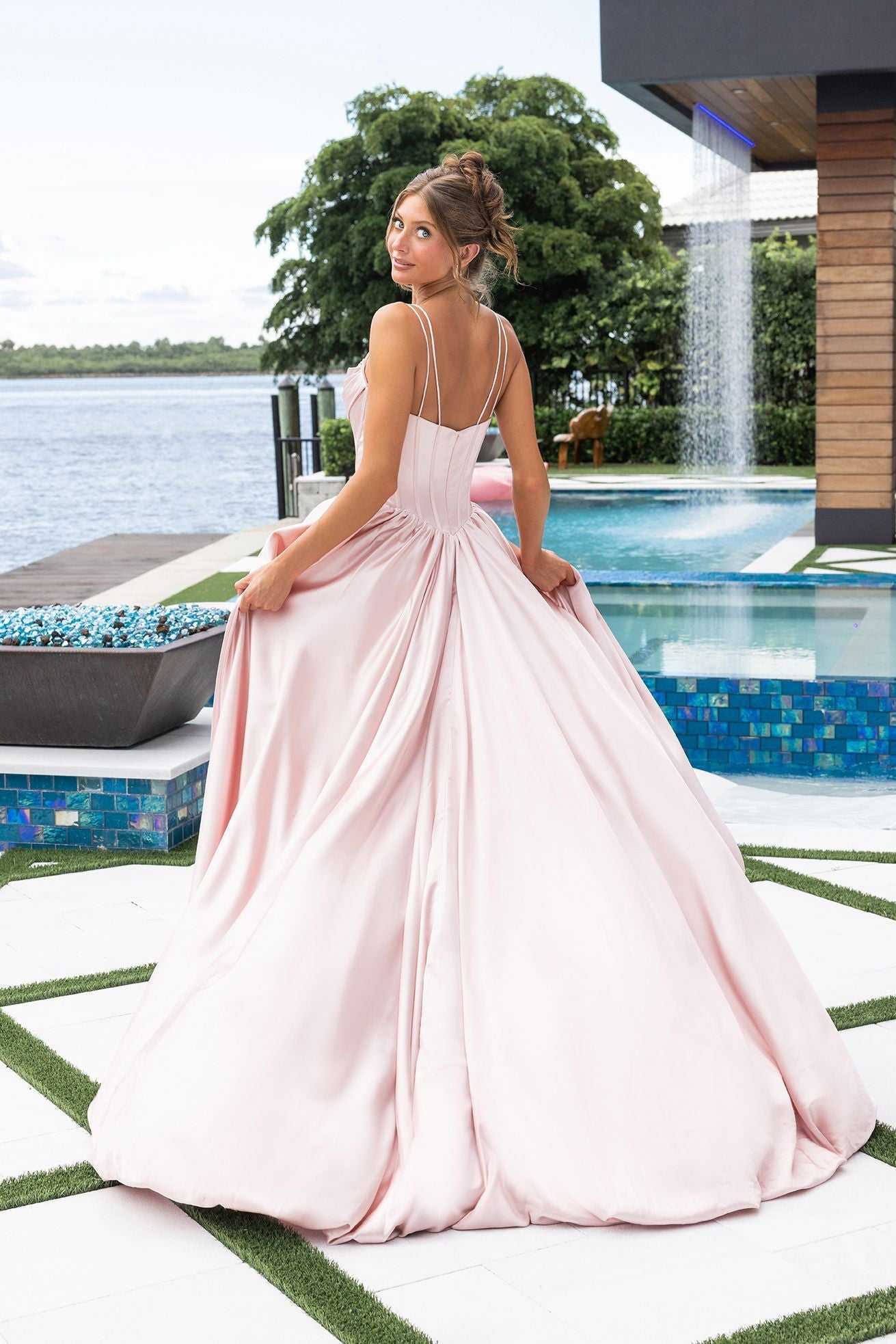 Dusty Pink Sweetheart High-Low Satin Prom Dress Rhinestone Corset Bodice Portia & Scarlett XO182