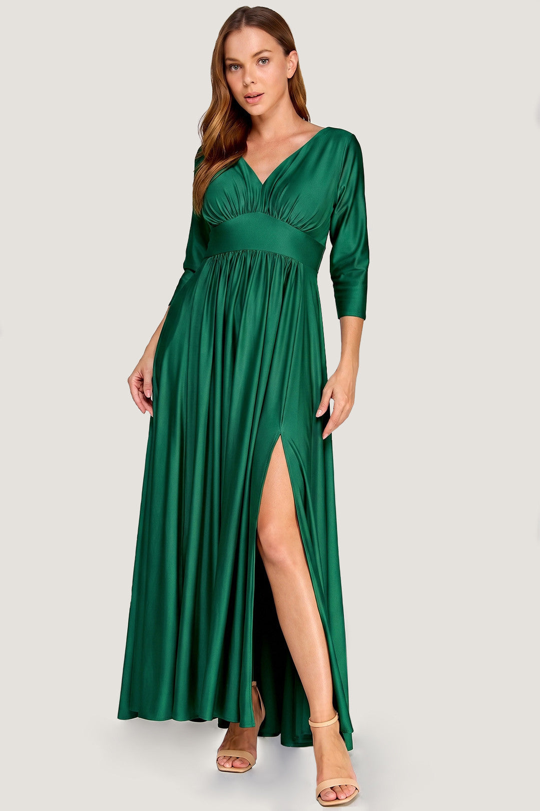 V-Neck Floor-Length Satin Formal A-Line Lenovia 3132